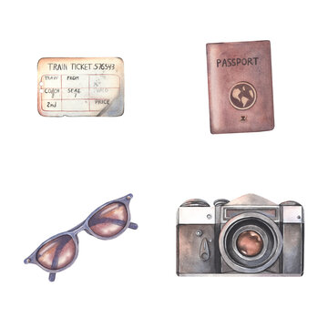 Hand-painted watercolor travel set with vintage train ticket, passport, sunglasses, retro camera isolated on white. Perfect for rail travel branding, blogs, packaging, poster, retro tourism design