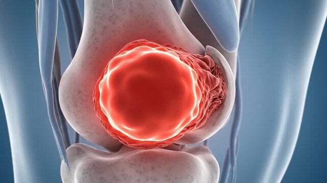Medical illustration of human knee joint with bone cancer depiction