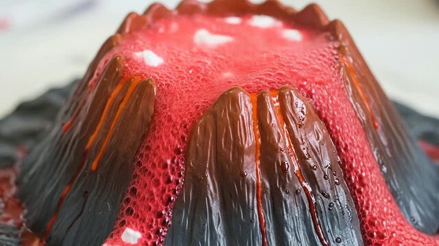 A miniature model volcano erupting with red liquid and white foam, close-up view