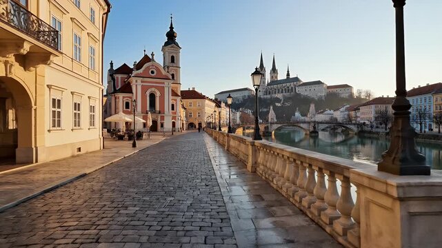A picturesque view of a cobblestone street leading towards a historic castle and bridge in Olomouc, Czech Republic.