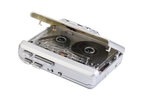 Silver cassette player with tape inside, isolated on white background.