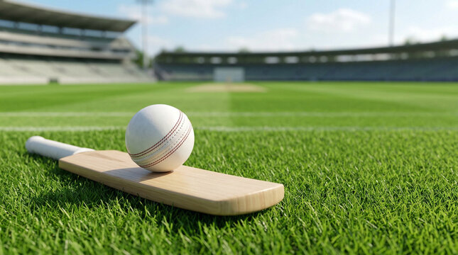 white cricket ball on wooden bat on green field with copy space for sports advertising and cricket promotion concept