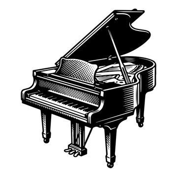 Elegant black and white woodcut style vector illustration of a grand piano with an open lid, showcasing intricate details and textures, set against a clean white background.