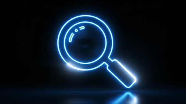 Glowing Blue Neon Magnifying Glass Search Symbol on Dark Background