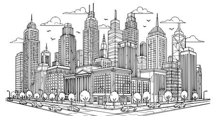 Fancy cityscape coloring page with modern skyscrapers streets and urban skyline line art © MdAmzad