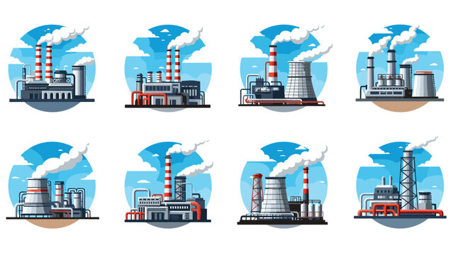 Detailed set of industrial factory and power plant illustrations inside circular frames for environmental and manufacturing themes.