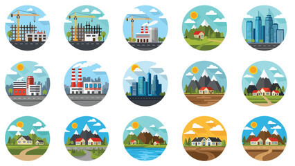 Naklejka premium Large collection of diverse landscape and cityscape icons in circular frames featuring mountains homes and industrial zones.