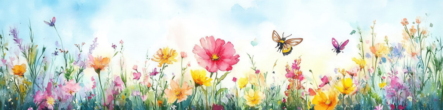 Wildflower meadow spring watercolor painting floral butterfly bee sky landscape joyful wildflower meadow watercolor painting with bright floral field soft sky where butterfly and bee dance above