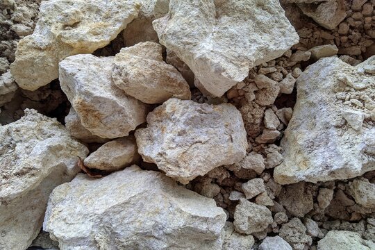Pile of Natural Raw Limestone Rocks and Clay in Excavation Site