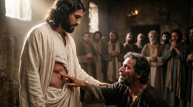 Doubting Thomas, Thomas touches Jesus wound, resurrected Jesus, post resurrection appearance, New Testament story, Gospel narrative, faith and doubt, Jesus appears to disciples, wounds of Christ, bibl