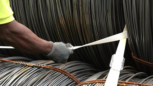 Dock worker securing steel wire coil with lashing strap