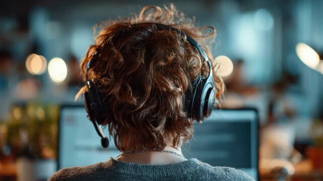 Immersive Support: A focused individual immersed in their work, donning a headset, poised before a glowing screen in a modern workspace.