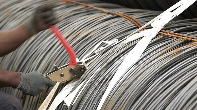 Worker tightening a ratchet strap on steel wire coil