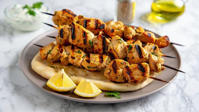 Grilled chicken skewers with lemon slices and tzatziki sauce on plate tzatziki flatbread