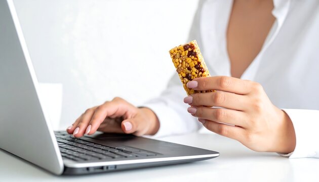 A person with a white shirt and manicured nails holds a snack bar while working on a laptop at a white desk