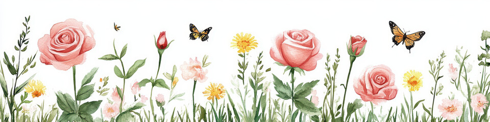 Obraz premium Watercolor flower border pink rose wildflower meadow summer garden butterfly green grass floral pattern nature background spring blossom botanical illustration Gentle watercolor flower border with