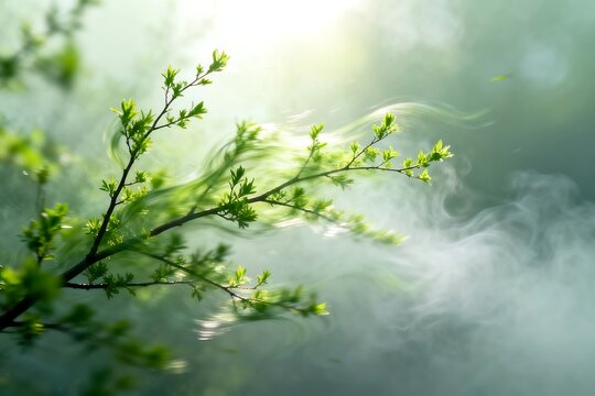 Fresh Green Branches with New Leaves in Mist