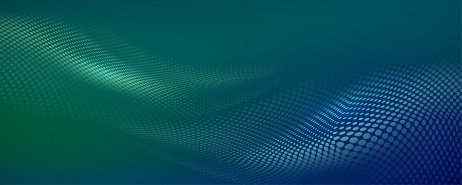 Dynamic green halftone dot wave on dark teal gradient background