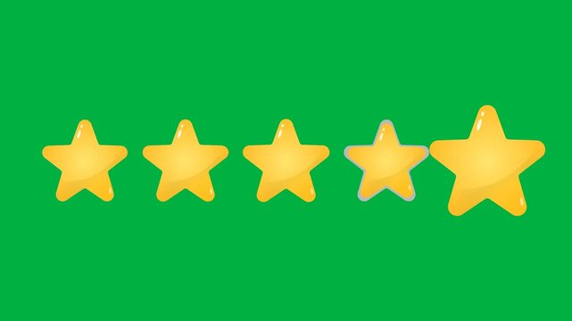 Five golden star rating and review concept with bounce animation on green screen. Flat cartoon element.