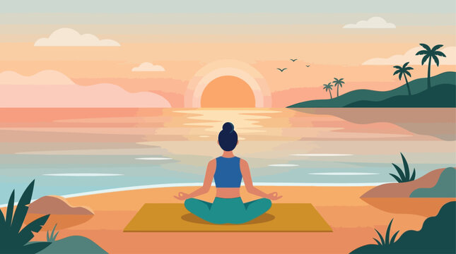 A serene flat design illustration showcasing a person in a meditative pose by the ocean, embodying peak summer wellness and mindfulness. This clean, modern vector promotes peace and mental well-being.