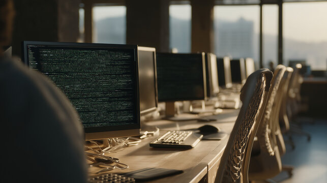 Rows of dormant computer terminals in a sunlit open-plan office, one screen alive with cascading green code, dust motes in harsh midday light, empty ergonomic chairs, tangled cables, lone developer 