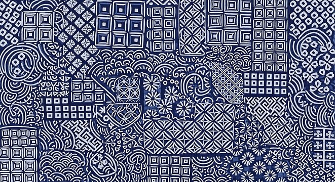 Intricate black and white geometric pattern with ornate floral motifs