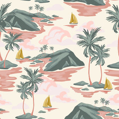 Abstract paradise island seamless pattern. Tropics background with sailing boats, exotic islands, palm trees silhouettes, ocean sea waves texture. Hand drawn vector art illustration for summer design © Tanya Syrytsyna