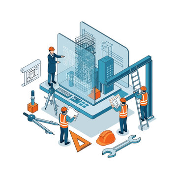 Isometric illustration of engineers and architects working on a building information modeling BIM project.