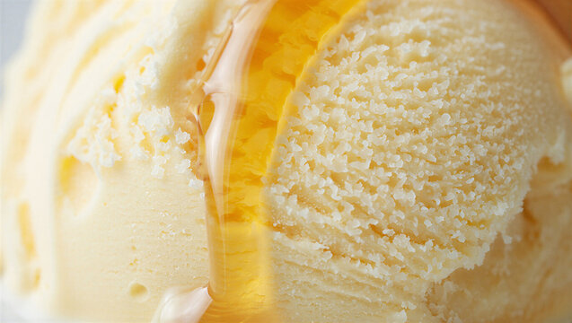 Close up of vanilla ice cream with golden honey drizzled over it food photography refreshing