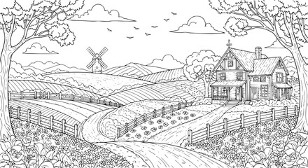 Fototapeta premium Fancy rural countryside coloring page with farmhouse windmill hills and floral fields line art