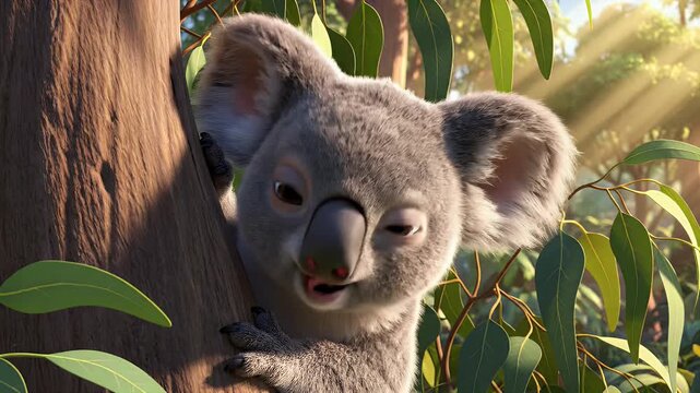 A close-up of a cute, fluffy cartoon koala peeking from a tree trunk, surrounded by leaves