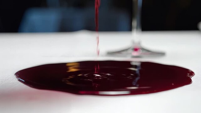 Red wine spilling from a glass onto a white tablecloth in a restaurant