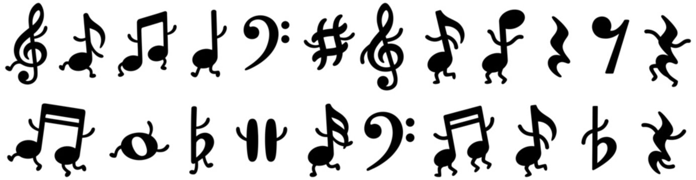 A collection of various musical notation symbols with animated anthropomorphic features including treble and bass clefs and different note durations are depicted in black silhouette