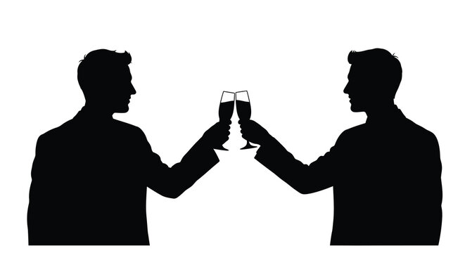 Two men in suits silhouette clinking wine glasses in a celebratory toast