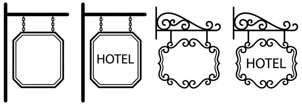 Set of four black and white hotel signs and blank signs hanging from posts and ornate brackets depicting various signage styles 176 characters vintage retro business hospitality