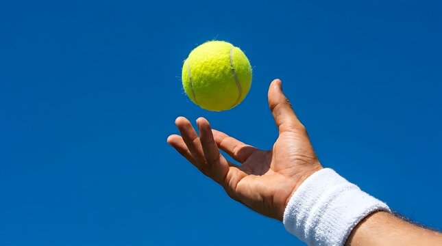 Close up shot of a yellow tennis ball suspended in the air above a male hand with a white wristband against a clear blue sky background, capturing the moment of a tennis serve.