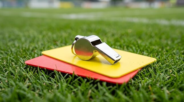 Professional metal referee whistle placed on yellow and red penalty cards lying on the green turf of a soccer stadium pitch; close-up view of sports officiating equipment.