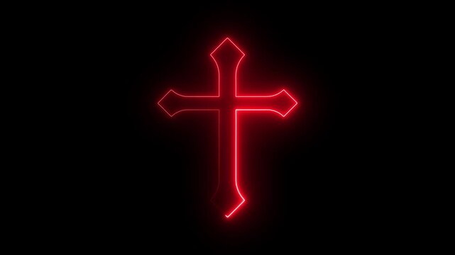 Glowing red neon christian cross symbol pulsing on black background, religious motion for easter and church worship events