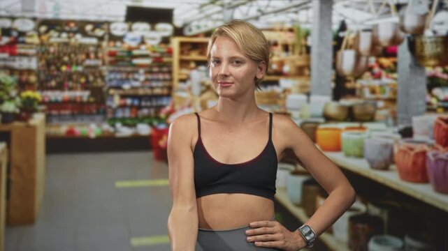 Woman in sports bra holding a dumbbell in one hand, other hand on hip, performing a bicep curl with eyes closed in a building market aisle; confidence wellness.