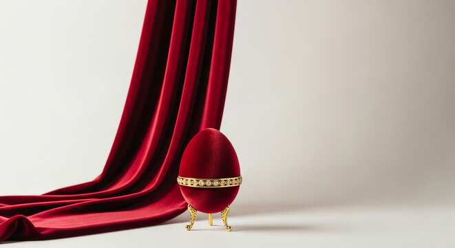 Elegant red egg decoration on golden stand with velvet backdrop  
