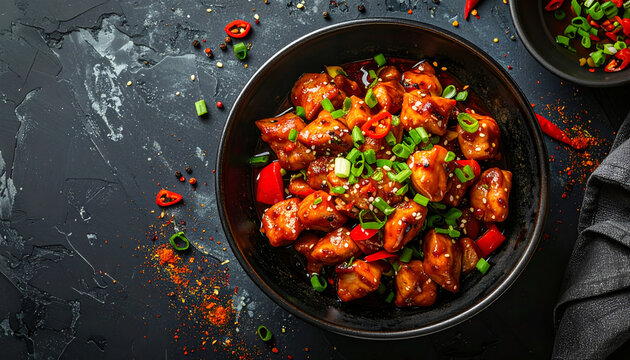A top-down view showcases a generous portion of sweet and spicy glazed chicken cubes served in a dark bowl, garnished with vibrant green scallions and red chili peppers