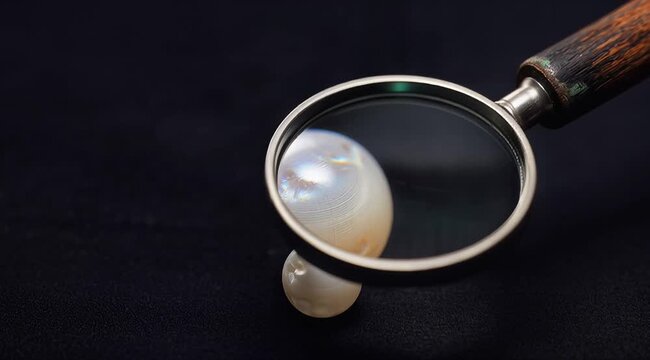 White Pearl Inspection with Magnifying Glass on Black Background