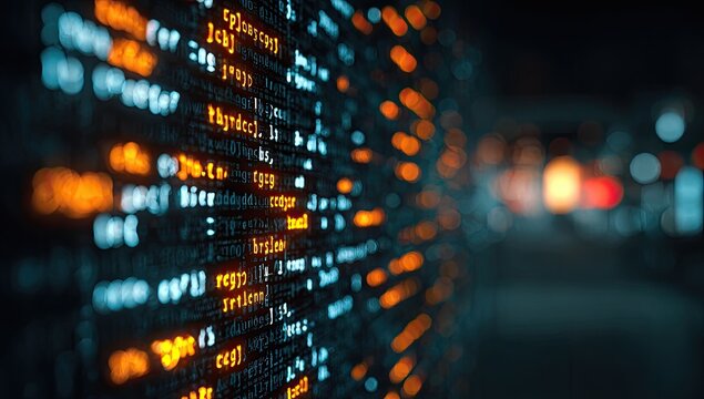 Abstract visualization of glowing computer code lines flowing across a dark digital screen