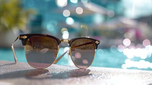 Stylish sunglasses in foreground, blurred poolside background with bright reflections, strong sunlight, clean composition, concept of summer style