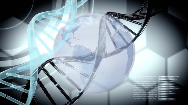 Animation of dna, globe and data processing over hexagons on grey background