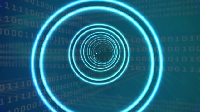 Animation of tunnel made or circles over black background with binary code