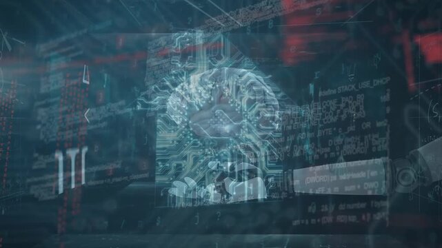 Animation of brain and warning unk over and man on laptop video call