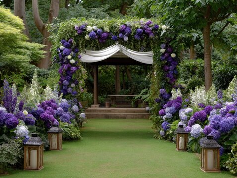 Elegant wedding archway decorated with purple and white hydrangea flowers and white fabric drapes, garden path lined with flowers and candle lanterns leading to a wooden pavilion in nature.
