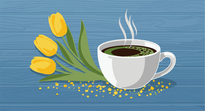A steaming cup of dark coffee rests on a blue wooden table with yellow tulips