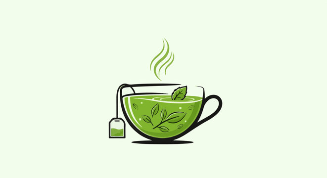 A steaming cup of vibrant green tea with leaves and a tea bag